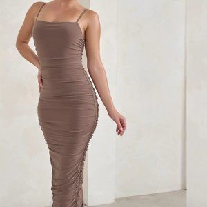 Club London Saffy Brown Cami Ruched Midi Dress Size 8